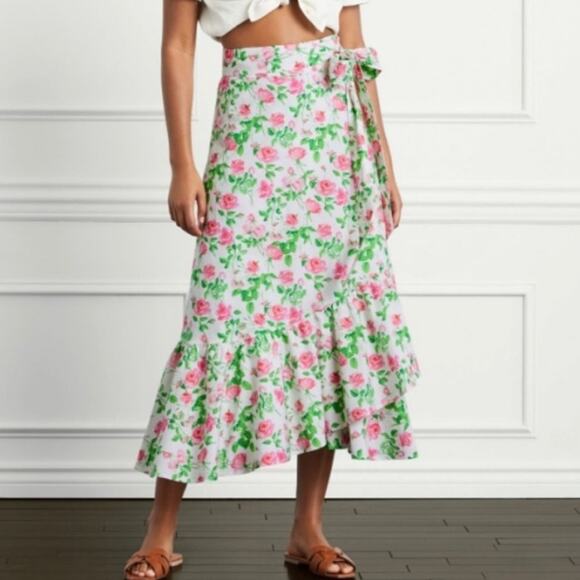 Hill House Dresses & Skirts - Hill House Mirabel Wrap Roses Print Midi Skirt M White Pink Green Ruffle Floral